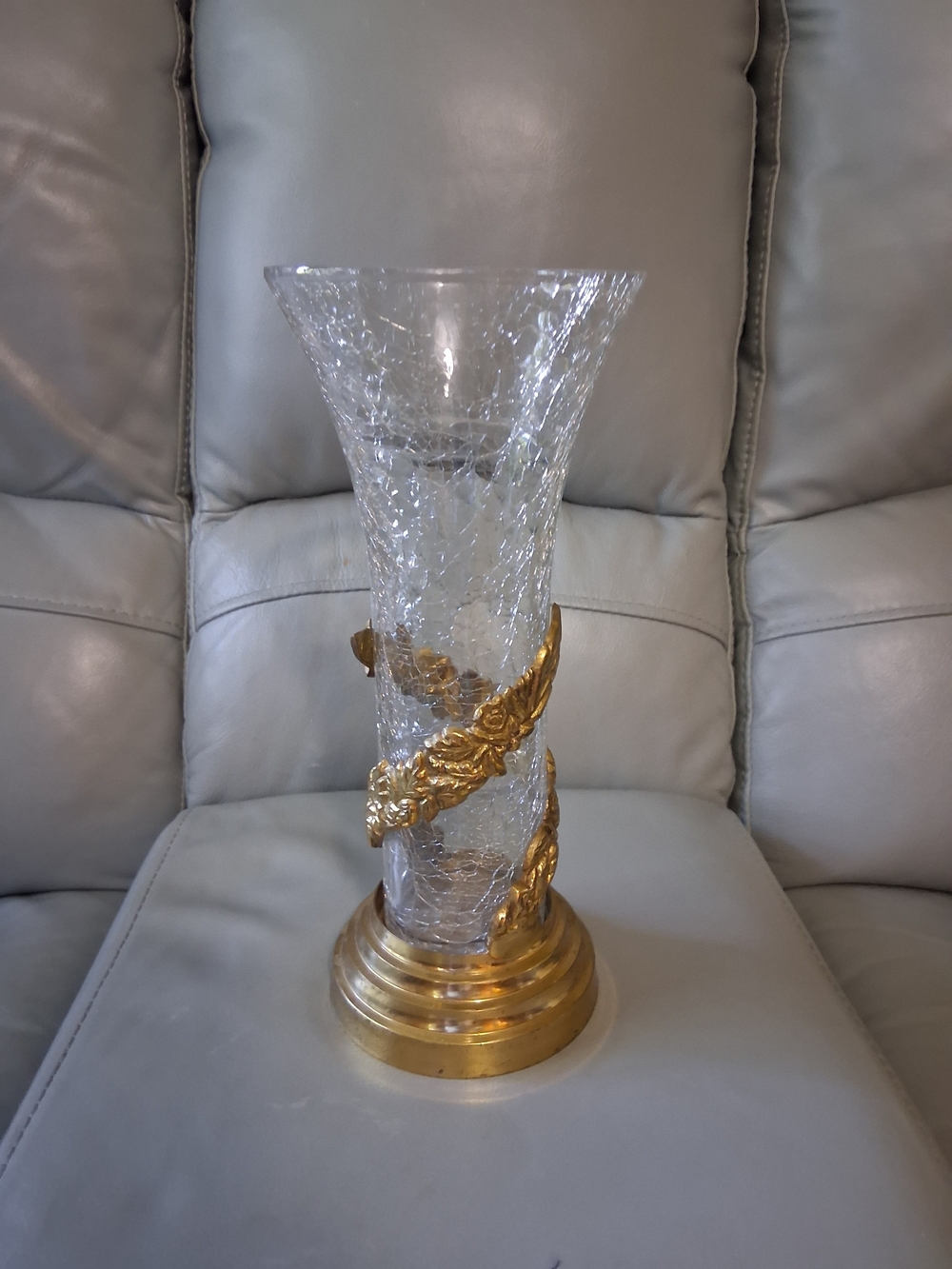 Vintage Brass & Crackled Glass Vase
